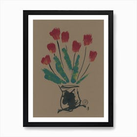 Tulips In A Vase beige dark black ink acrylic floral flowers vertical minima minimalist modern contemporary bedroom living room Art Print