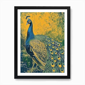 Blue Mustard Peacock Linocut Inspired 3 Art Print