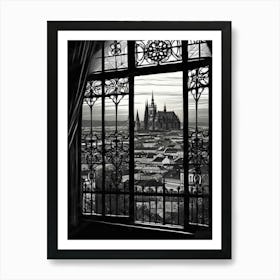 A Window View Of Prague In The Style Of Black And White  Line Art 3 Art Print