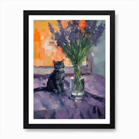 Flower Vase Lavender With A Cat 4 Impressionism, Cezanne Style Art Print