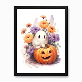 Cute Ghost With Pumpkins Halloween Watercolour 127 Art Print