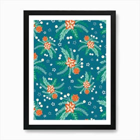 Red and White Poinsettia Flower Clusters with Berries on Blue with Stars Art Print