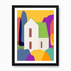 The Green Roof Cottage In Sunset Art Print