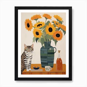 Sunflower Flower Vase And A Cat, A Painting In The Style Of Matisse 1 Art Print