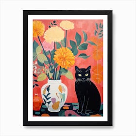 Ranunculus Flower Vase And A Cat, A Painting In The Style Of Matisse 1 Art Print
