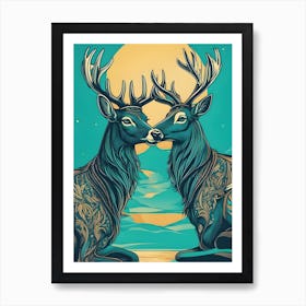Two Stags In Moonlight Art Print