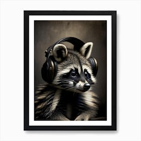 Raccoon Wearing Headphones Portrait Art Print