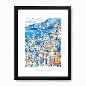 Amalfi Coast Italy Illustration Line Art Travel Blue Art Print