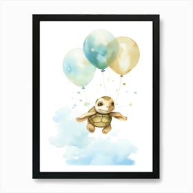 Baby Turtle Flying With Ballons, Watercolour Nursery Art 3 Art Print