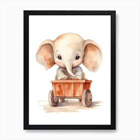 Baby Elephant On Toy Car, Watercolour Nursery 1 Art Print