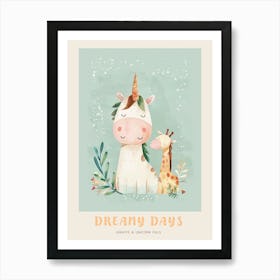 Giraffe & Unicorn Pastel Storybook Style 3 Poster Art Print