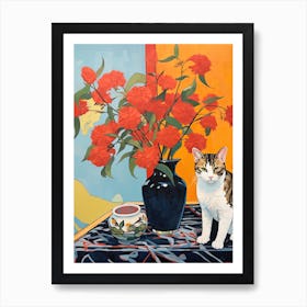 Freesia Flower Vase And A Cat, A Painting In The Style Of Matisse 1 Art Print