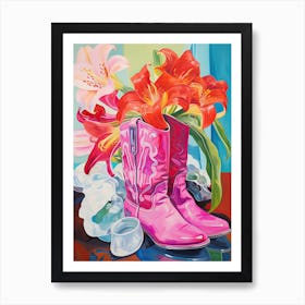 Oil Painting Of Pink And Red Flowers And Cowboy Boots, Oil Style 5 Art Print