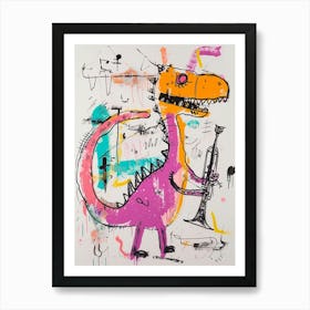 Abstract Dinosaur Scribble Playing The Trumpet 1 Art Print