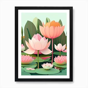 Lotus Flowers In Park Scandi Cartoon 5 Art Print