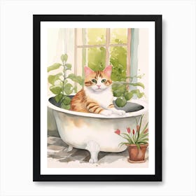 Japanese Bobtail Cat In Bathtub Botanical Bathroom 1 Art Print