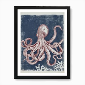 Octopus Linocut Style With Aqua Marine Plants 6 Art Print