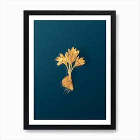 Vintage Autumn Crocus Botanical in Gold on Teal Blue Art Print