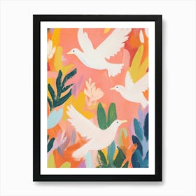 White Doves Gouache Painting Art Print