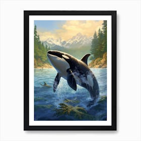 Realistic Orca Whale Diving Out Of Ocean With Mountain Backdrop Art Print