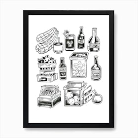 Groceries Black And White Line Art Art Print