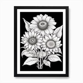 Sunflowers In Black And White Line Art 2 Art Print