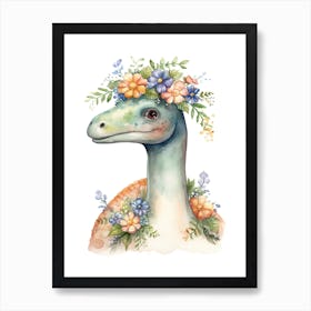 Diplodocus With A Crown Of Flowers Cute Dinosaur Watercolour 2 Art Print