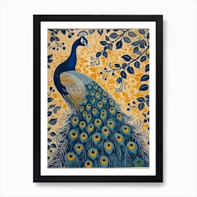 Blue Mustard Peacock & The Leaves 2 Art Print