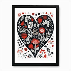 Heart Floral Linocut Style White Background Art Print