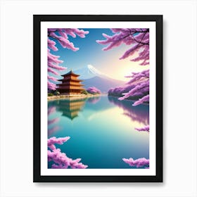 Pink Cherry Blossoms Mount Fuji Japan Beautiful Lake Landscape Art Print