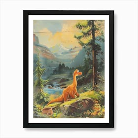 Cute Dinosaur In The Mountaneous Landscape Storybook Painting Art Print