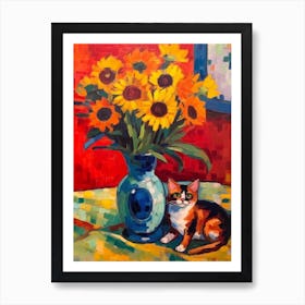Daisies With A Cat 4 Fauvist Style Painting Art Print
