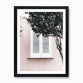 White Shutters On A Pink Wall Art Print