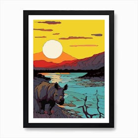 Linework Illustration With Rhino By The Sunset 3 Art Print