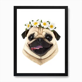 Pug With Flowers Art Print