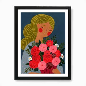 Woman Girl with Bouquet of Roses, Red Cheeks, Blonde Art Print