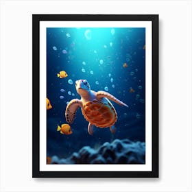 Realistic Sea Turtle And Fish Blue Art Print