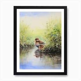 Ducklings In Lake Watercolour 3 Art Print