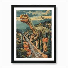 Dinosaurs Roaming In A Mediterranean Village Art Print