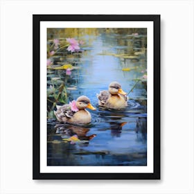 Ducklings In The River Floral Painting 1 Art Print