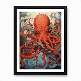 Octopus Animal Drawing In The Style Of Ukiyo E 3 Art Print