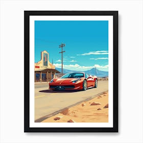 A Ferrari 458 Italia Car In Route 66 Flat Illustration 4 Art Print