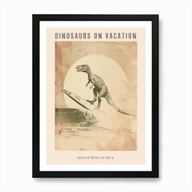 Vintage Dilophosaurus Dinosaur On A Surf Board 2 Poster Art Print