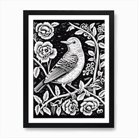 B&W Bird Linocut Mockingbird 2 Art Print