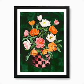 Vase with Flowers on Dark Green. Watercolor Art Print