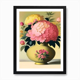 Vase Of Colourful Peonies Pink And Yellow 1 Vintage Sketch Art Print