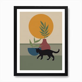 Vintage Minimal Art Cat And Plants Art Print