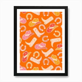 Warm Retro Western Cowgirl Motifs - Orange, Pink, Peach, Cream Art Print