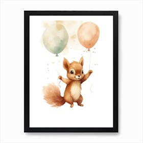 Baby Squirrel Flying With Ballons, Watercolour Nursery Art 1 Art Print