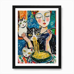 Woman Feeding Cats With Noodles Art Print